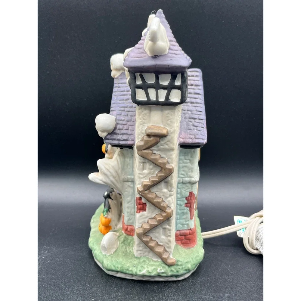 Vtg Light Up Ceramic Haunted House Halloween Ghost Pumpkin Bat Decor 7